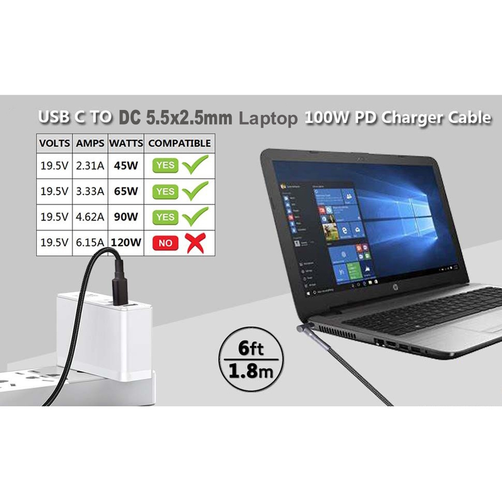 100W Type C to 5.5x2.5mm Male  - đánh giá và giá Cable Lock Laptop
